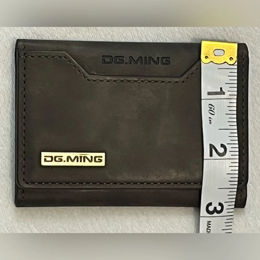 DG.MING Brown Leather Tri-Fold Magnetic Wallet